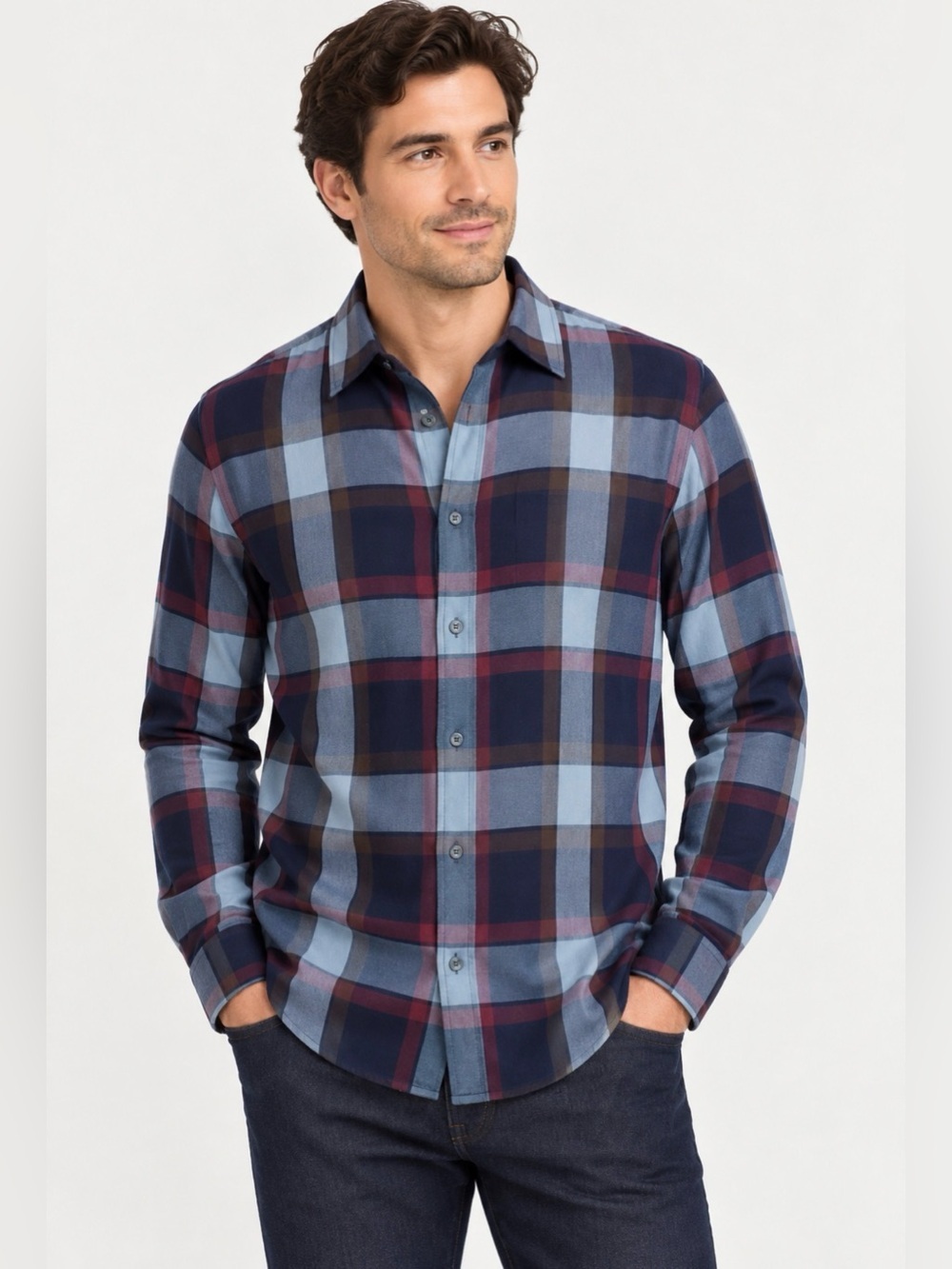 NEW! Vince Plaid Button Front Shirt Navy Burgundy SZ M